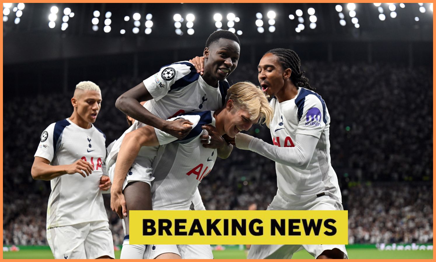 Lucas Bergvall celebrates with his Tottenham teammates
