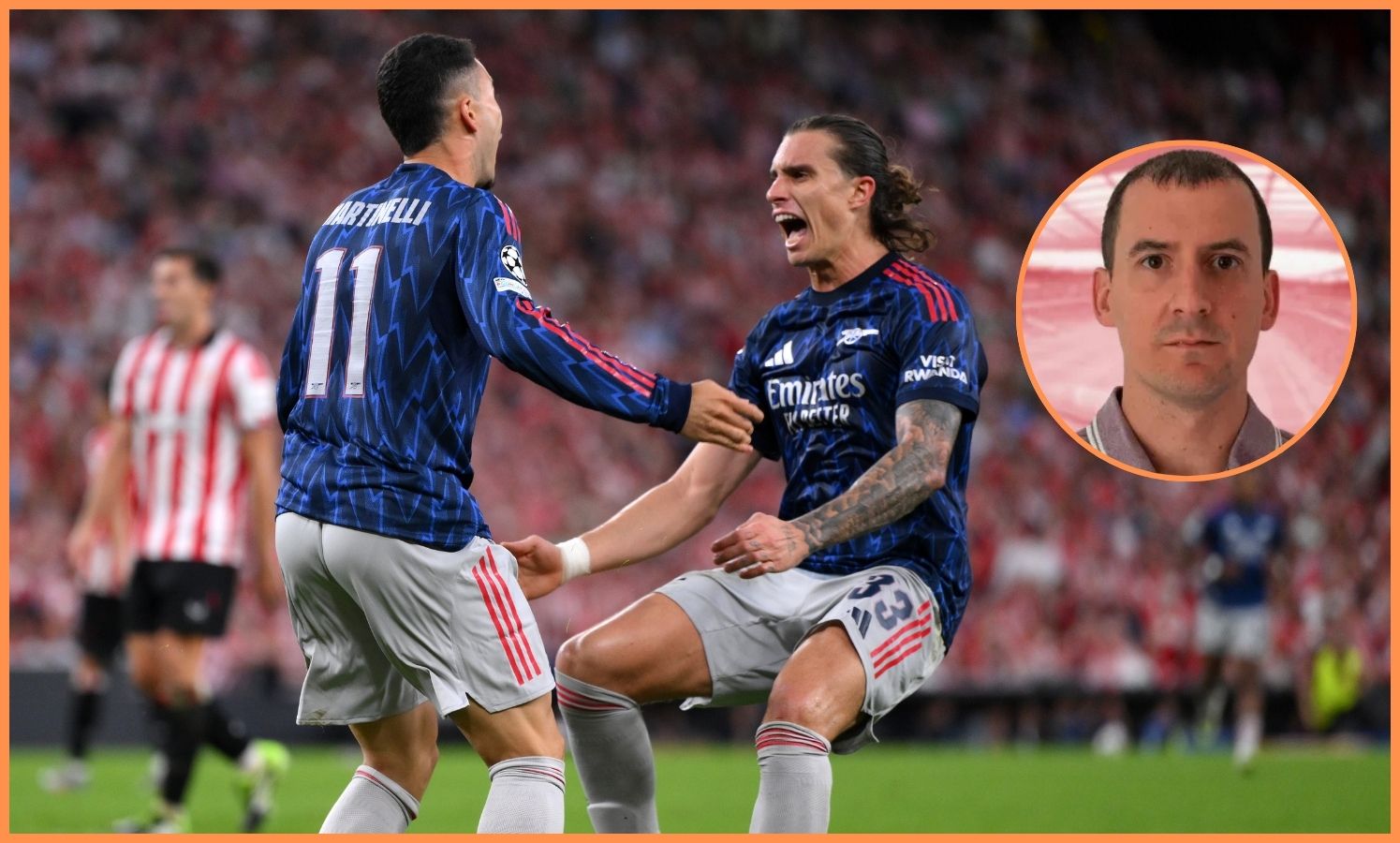 Riccardo Calafiori celebrates with Arsenal goal-scorer Gabriel Martinelli