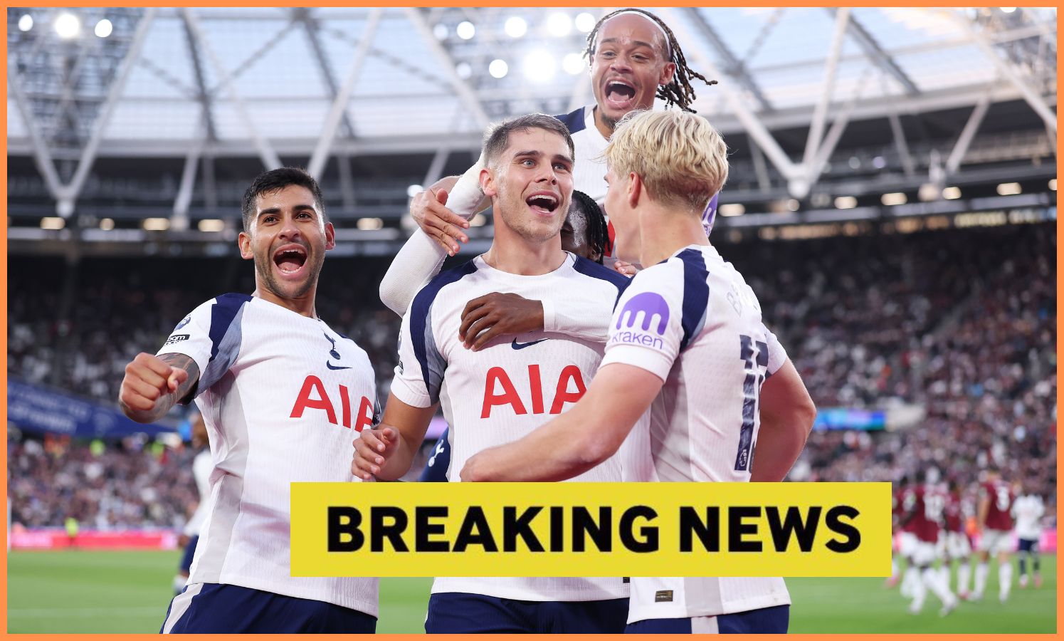 Micky van de Ven celebrates with his Tottenham teammates