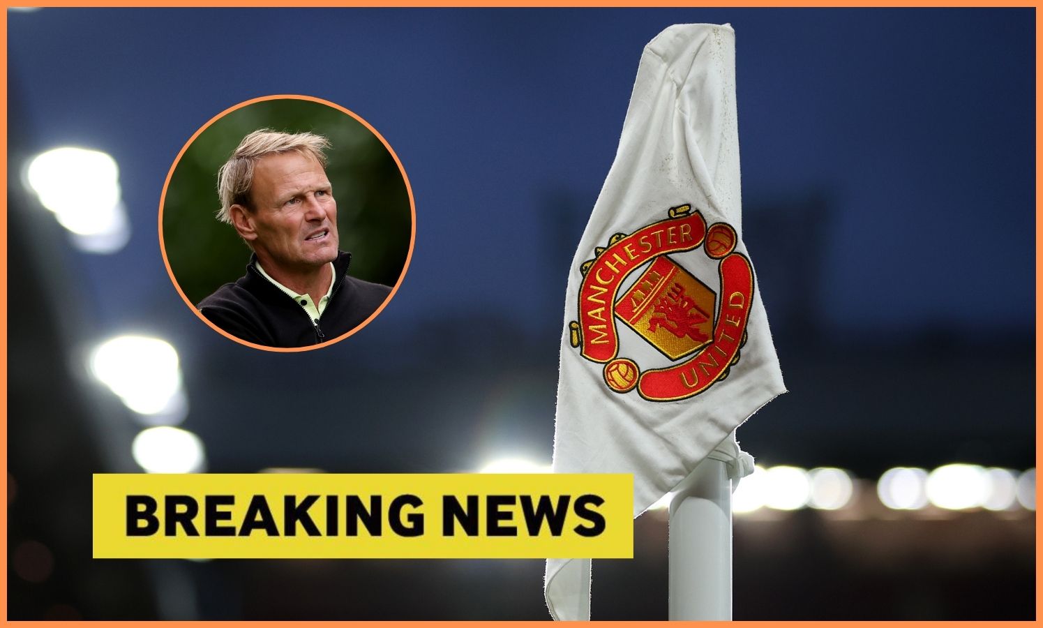 Manchester United corner flag, Teddy Sheringham, and 'breaking news' logo