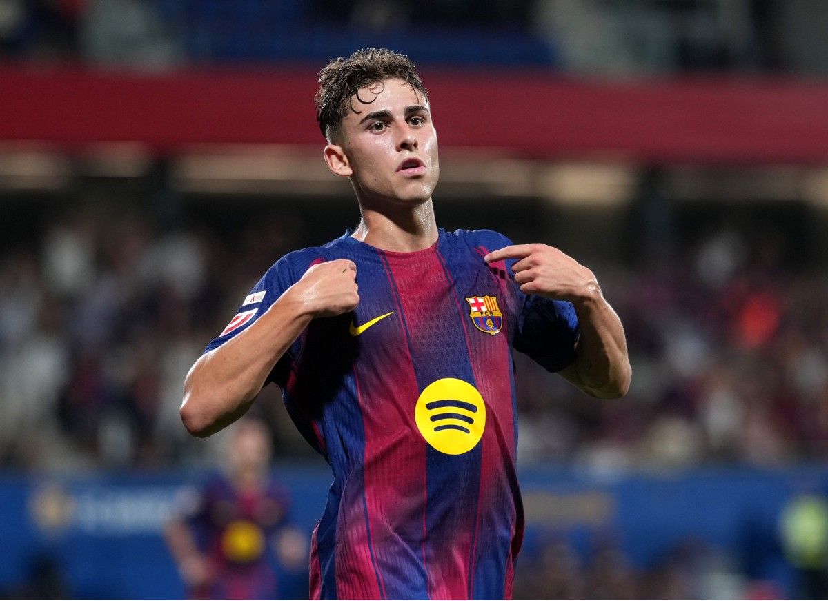 Fermin Lopez celebrates a goal for Barcelona against Valencia