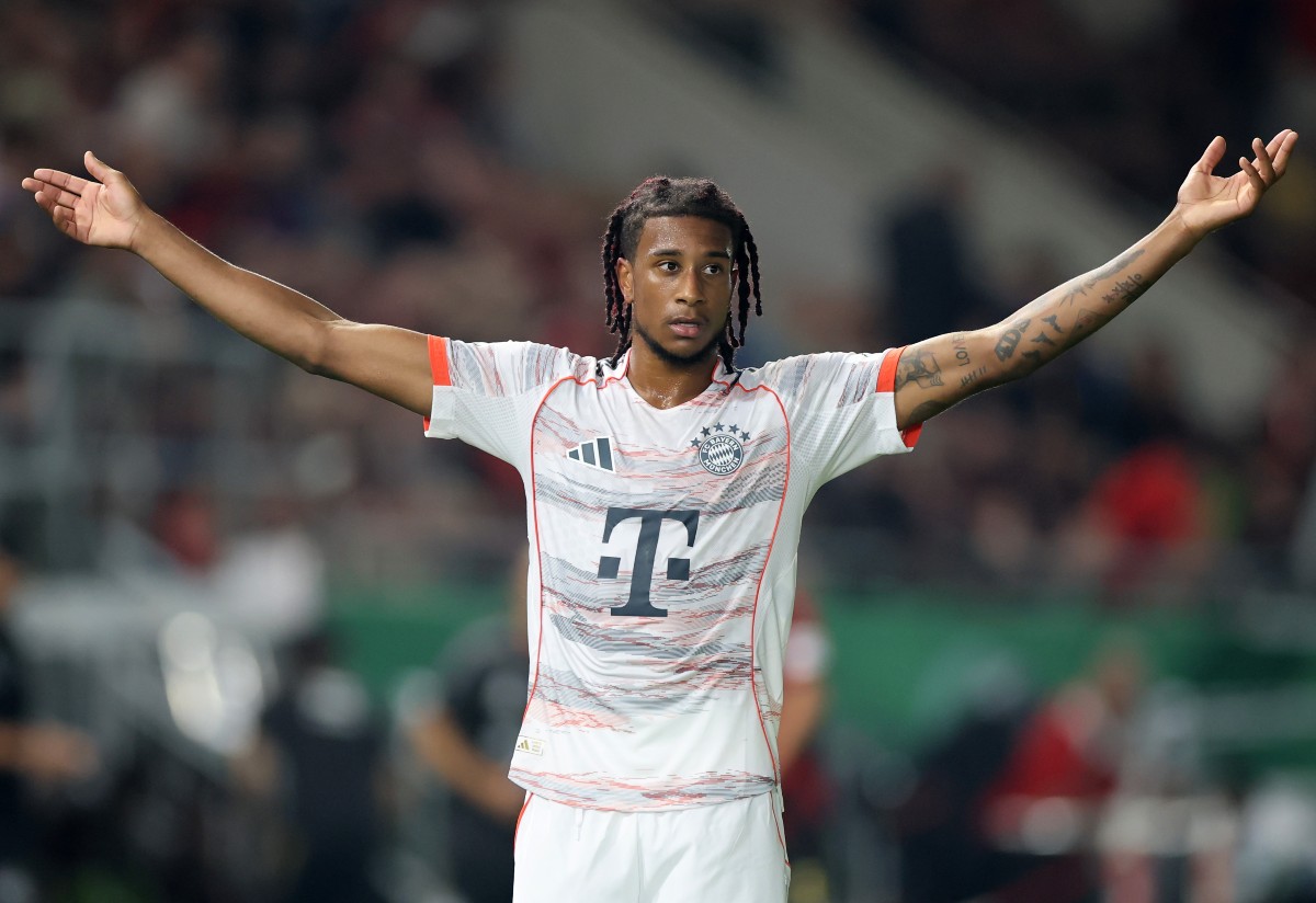 Michael Olise reacts during Bayern Munich's game against SV Wehen Wiesbaden