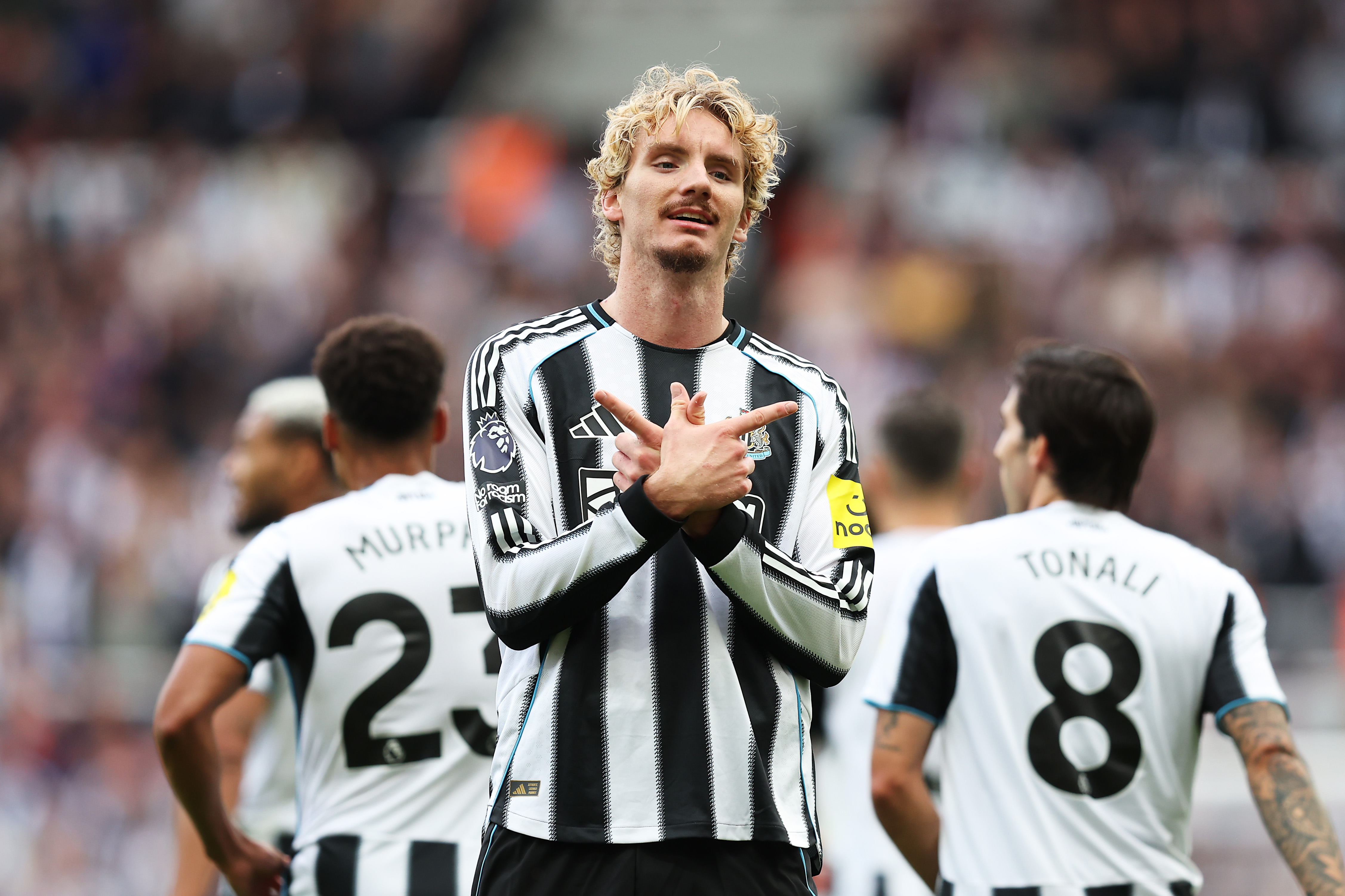 Nick Woltemade of Newcastle United celebrates scoring his team's first goa