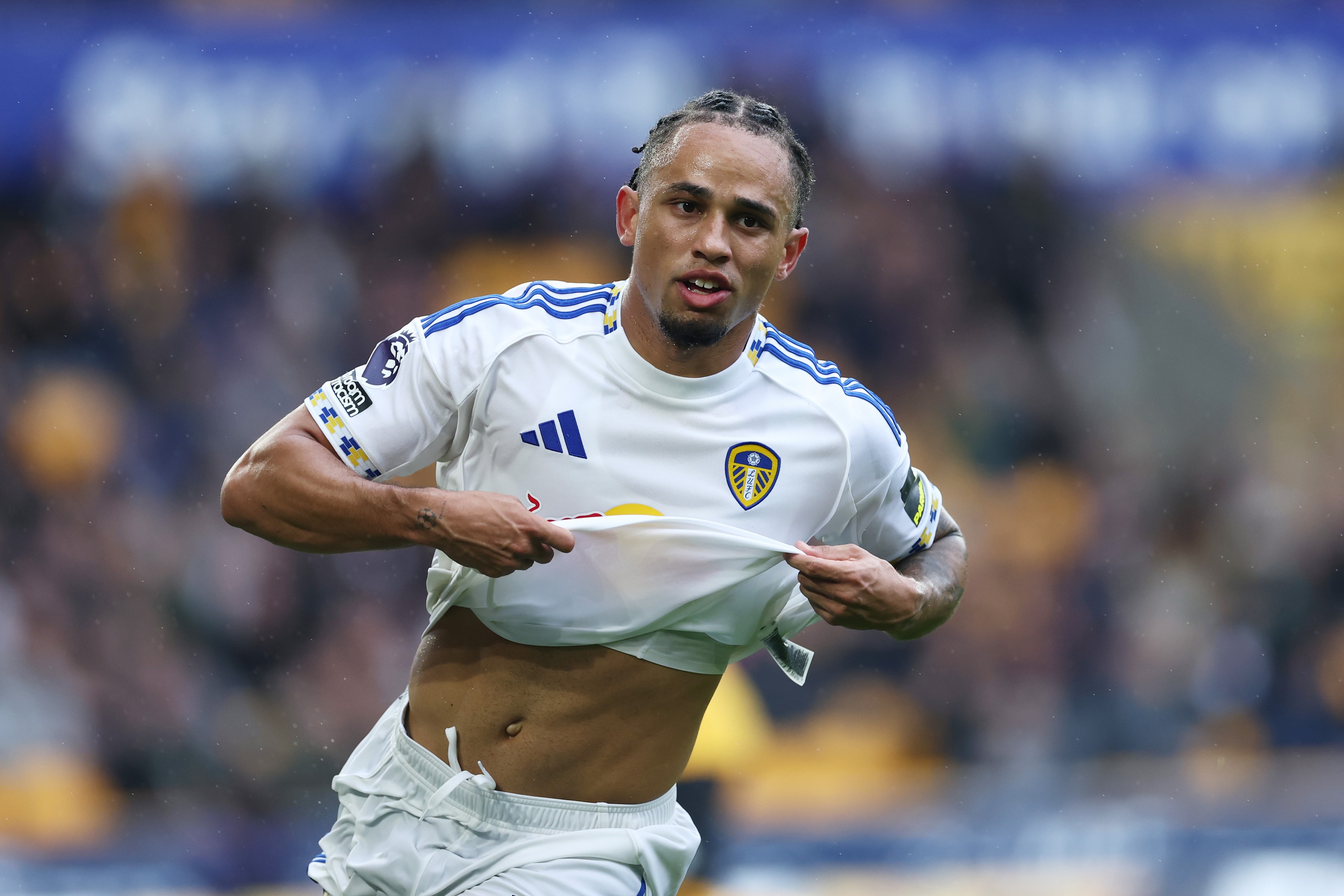 Noah Okafor of Leeds United celebrates scoring his team's third goal
