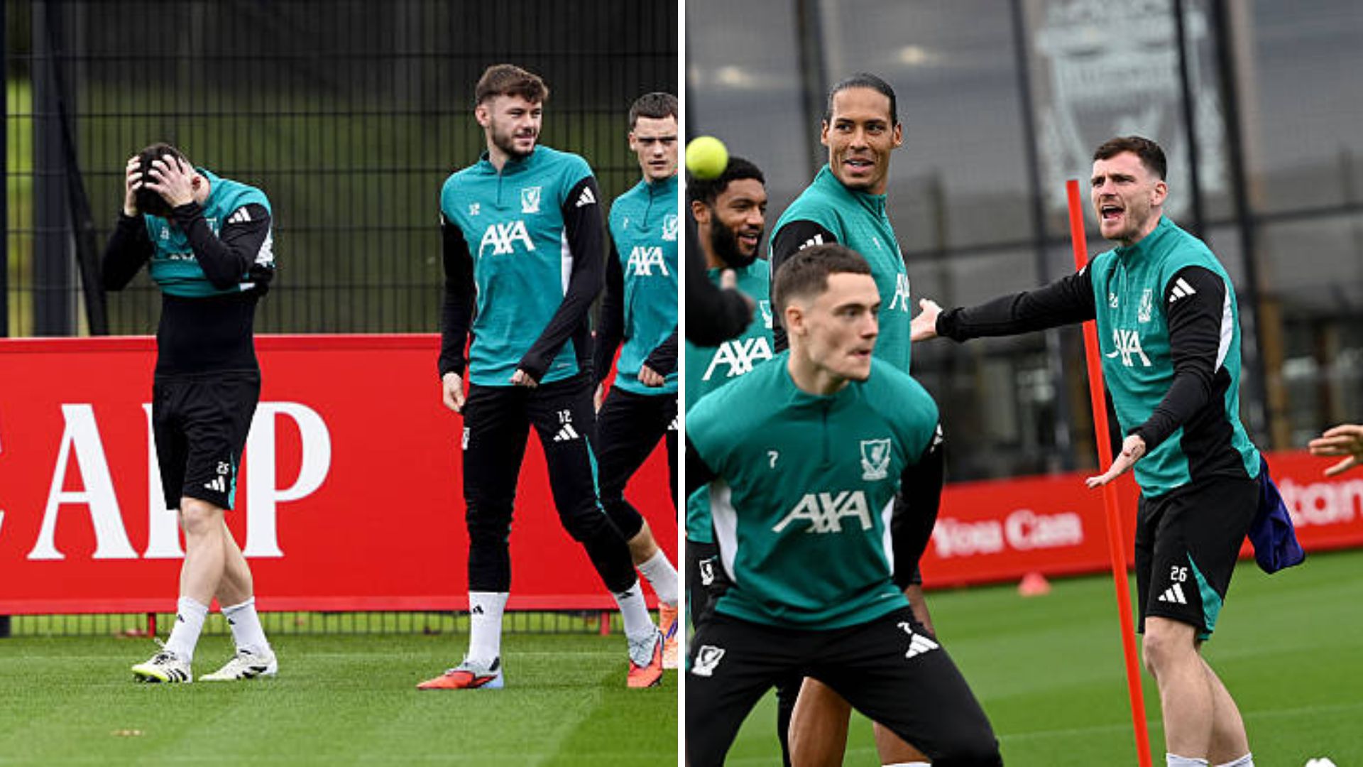 Split image of Andy Robertson during Liverpool's training session ahead of Frankfurt game.