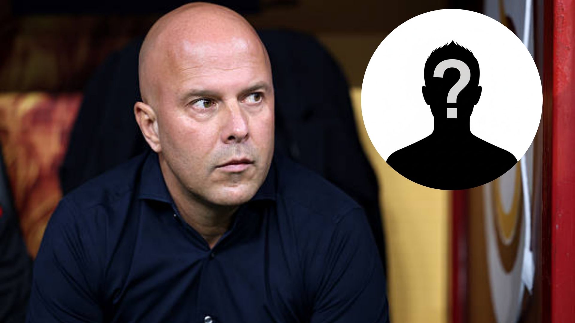 Arne Slot sits down in the dugout during Liverpool's match with overlay of mystery player.