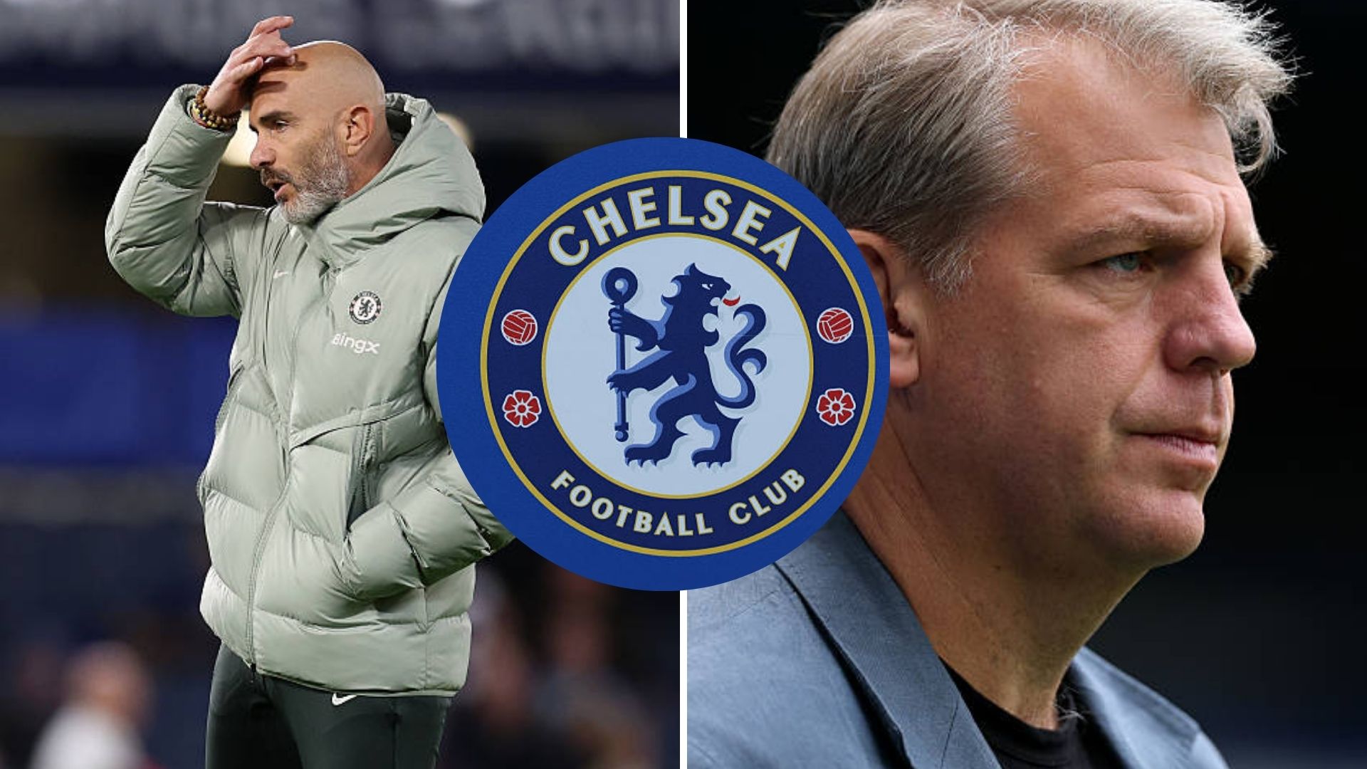 Split image of Enzo Maresca and Todd Boehly with overlay of Chelsea badge