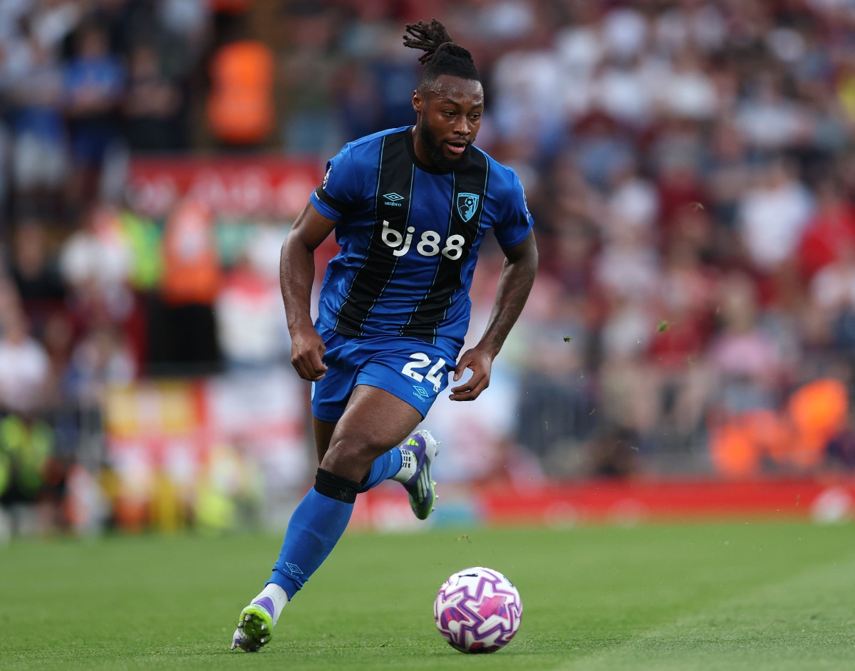Bournemouth winger Antoine Semenyo in action against Liverpool
