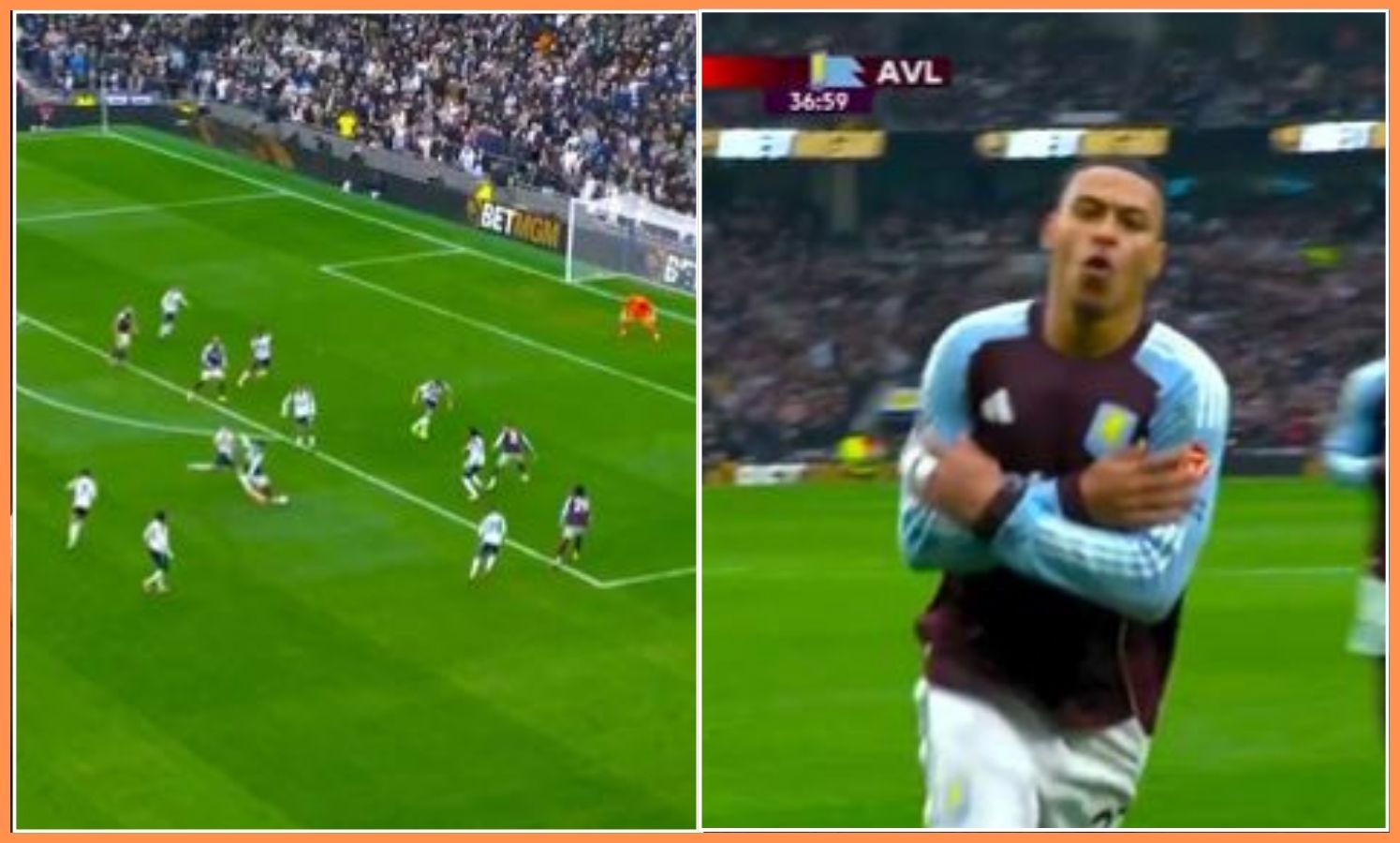 Morgan Rogers scores and celebrates for Aston Villa against Tottenham