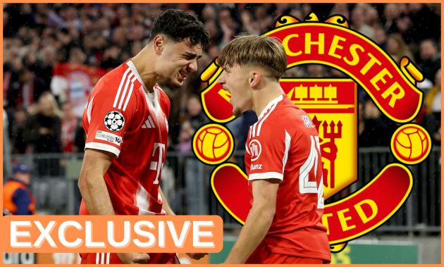 Aleksandar Pavlovic of Bayern Munich, plus Man Utd logo and 'exclusive' banner