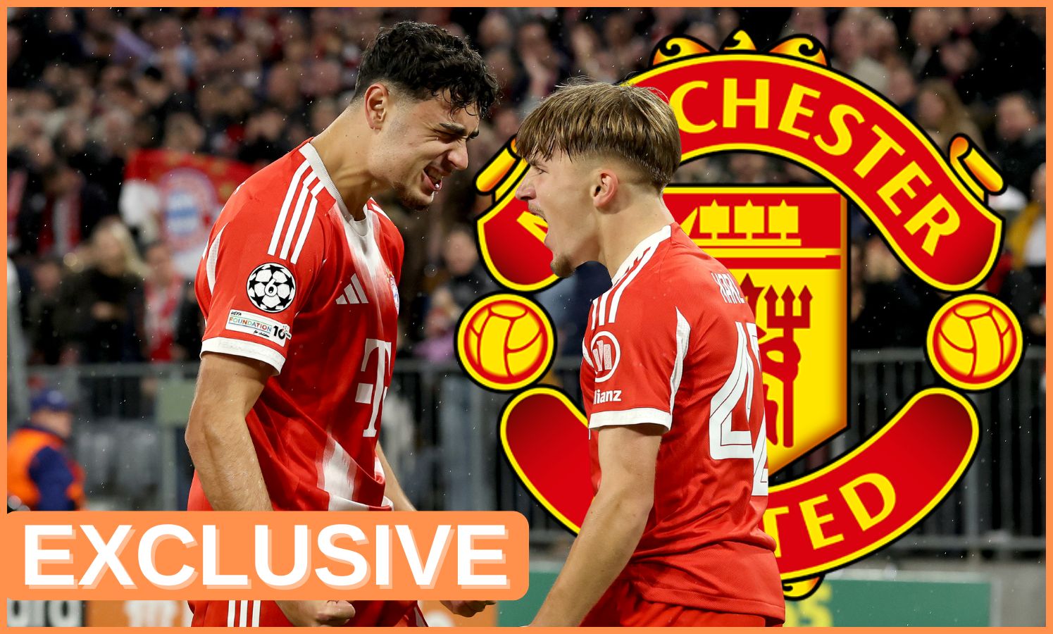 Aleksandar Pavlovic of Bayern Munich, plus Man Utd logo and 'exclusive' banner