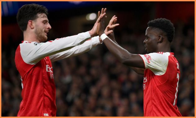 Declan Rice celebrates with Bukayo Saka