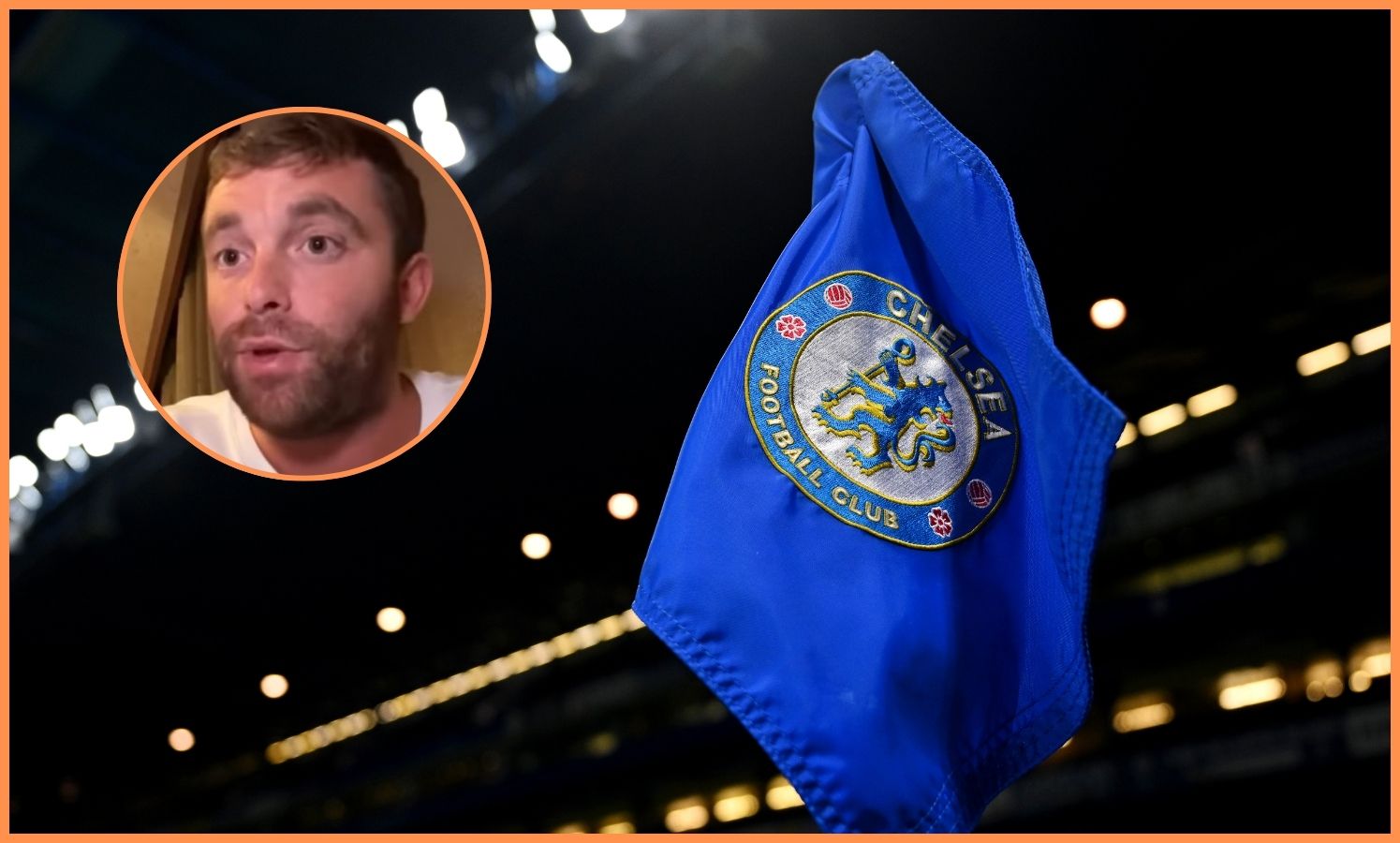 Chelsea FC logo on flag, and Fabrizio Romano