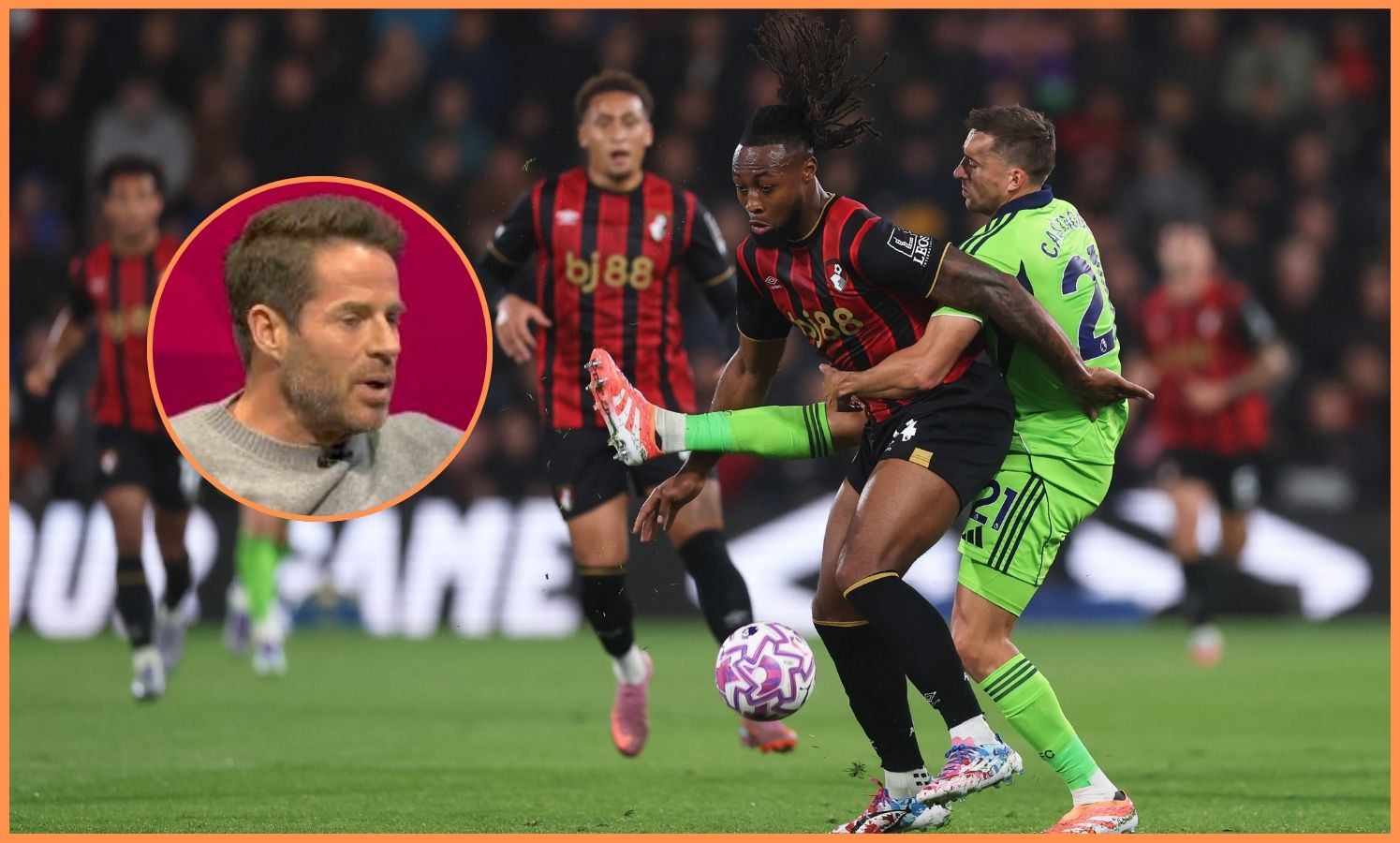 Antoine Semenyo in action, and Jamie Redknapp