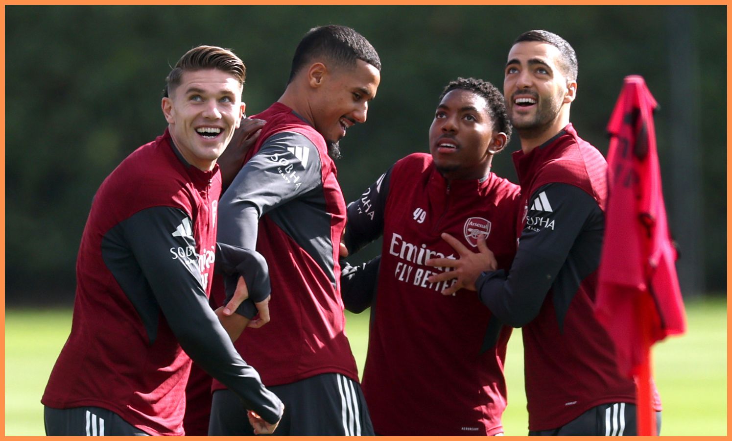 William Saliba, Viktor Gyokeres, Myles Lewis-Skelly, and Mikel Merino in Arsenal training