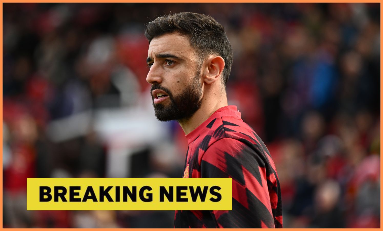 Bruno Fernandes warming up for Man United, plus yellow 'breaking news' banner
