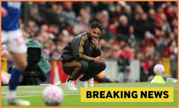 Ruben Amorim looks on, plus 'breaking news' banner