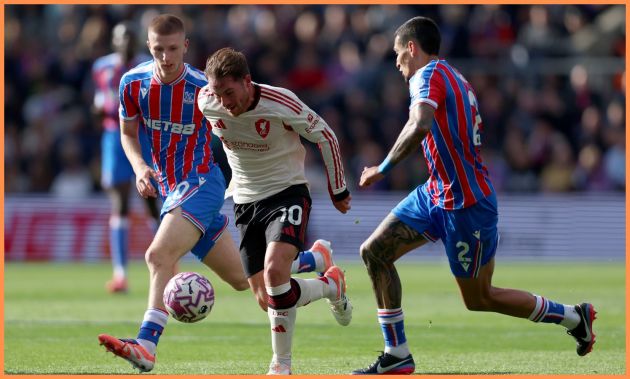 Adam Wharton in action for Crystal Palace against Liverpool