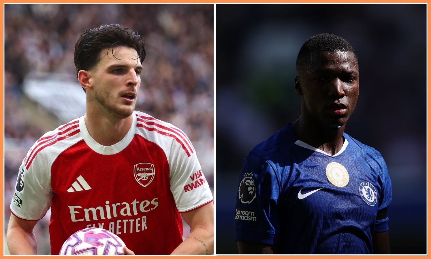 Declan Rice of Arsenal and Moises Caicedo of Chelsea