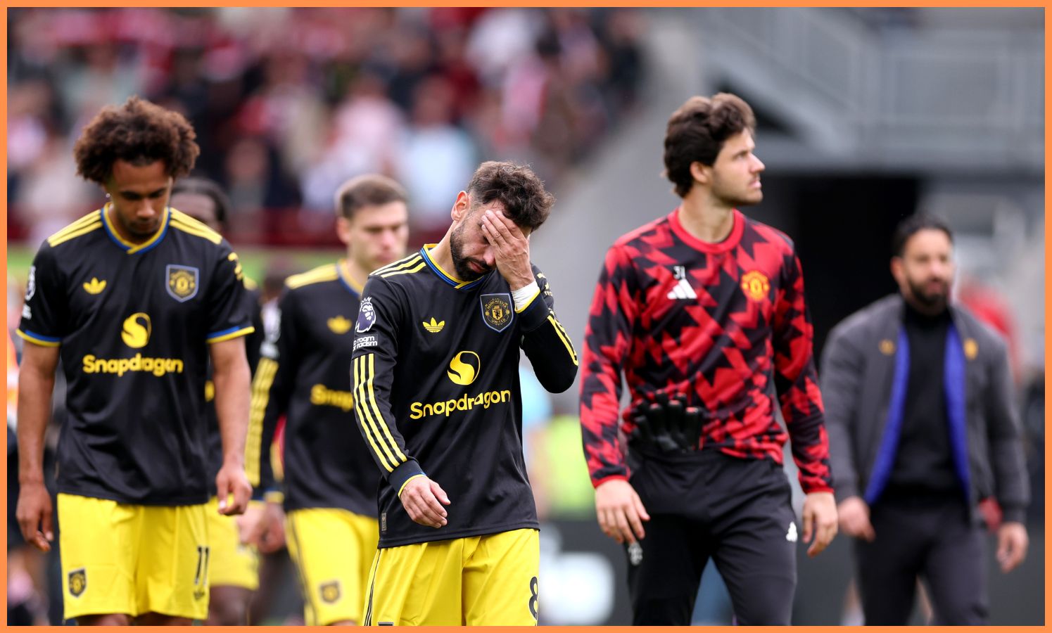 Bruno Fernandes reacts after Manchester United's defeat against Brentford