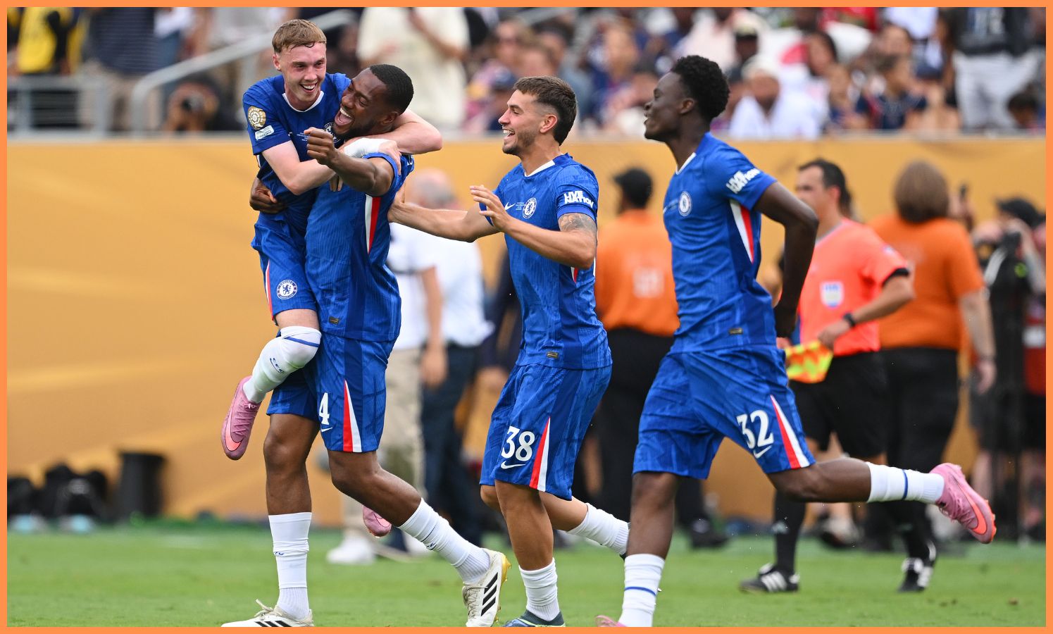 Marc Guiu celebrates with his Chelsea teammates