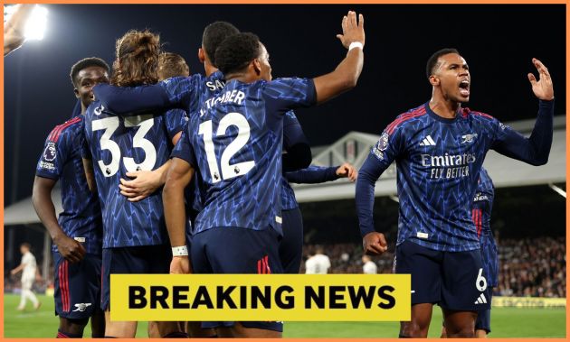 Arsenal players celebrate during the win at Fulham