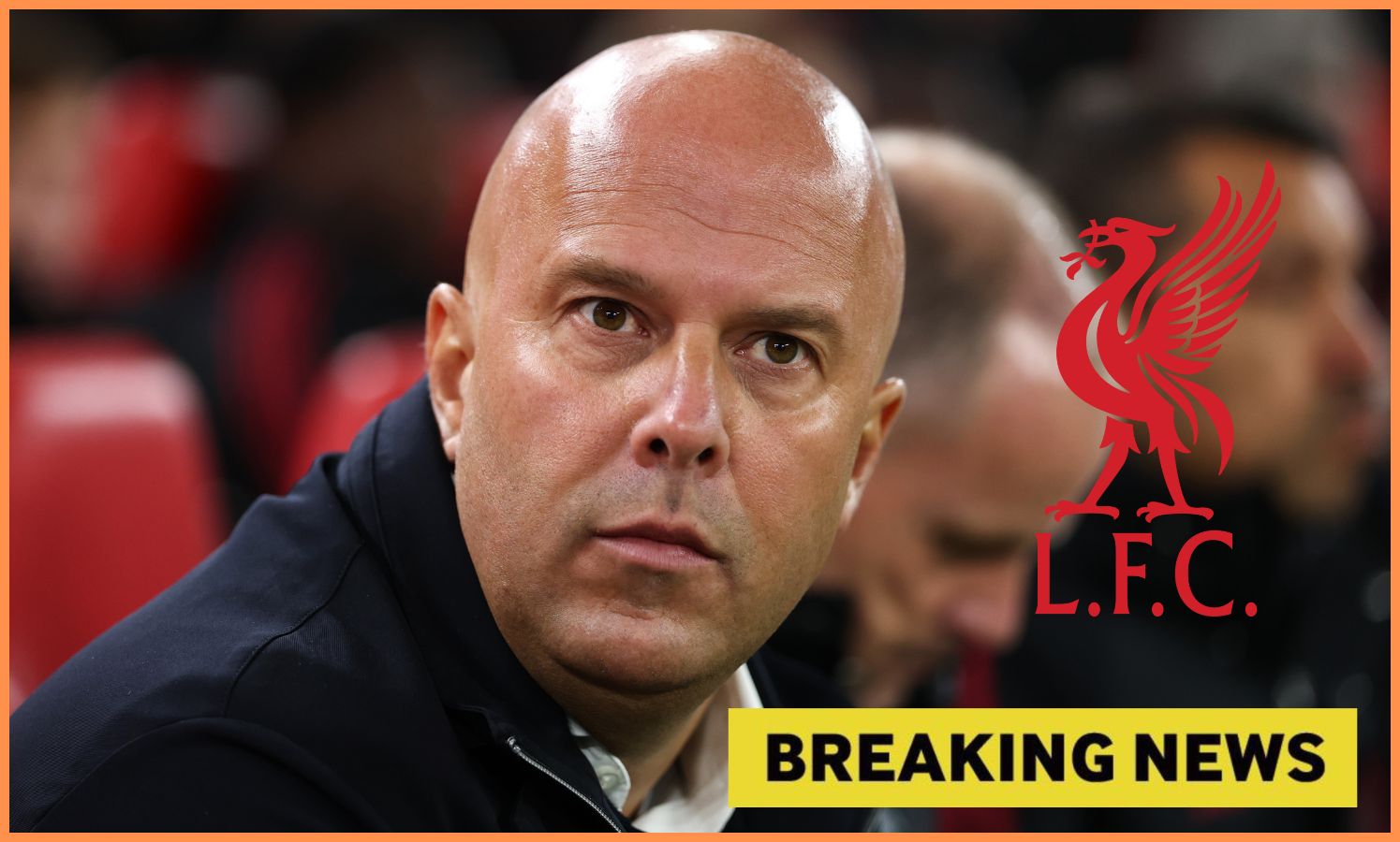 Arne Slot, Liverpool logo, and 'breaking news' banner