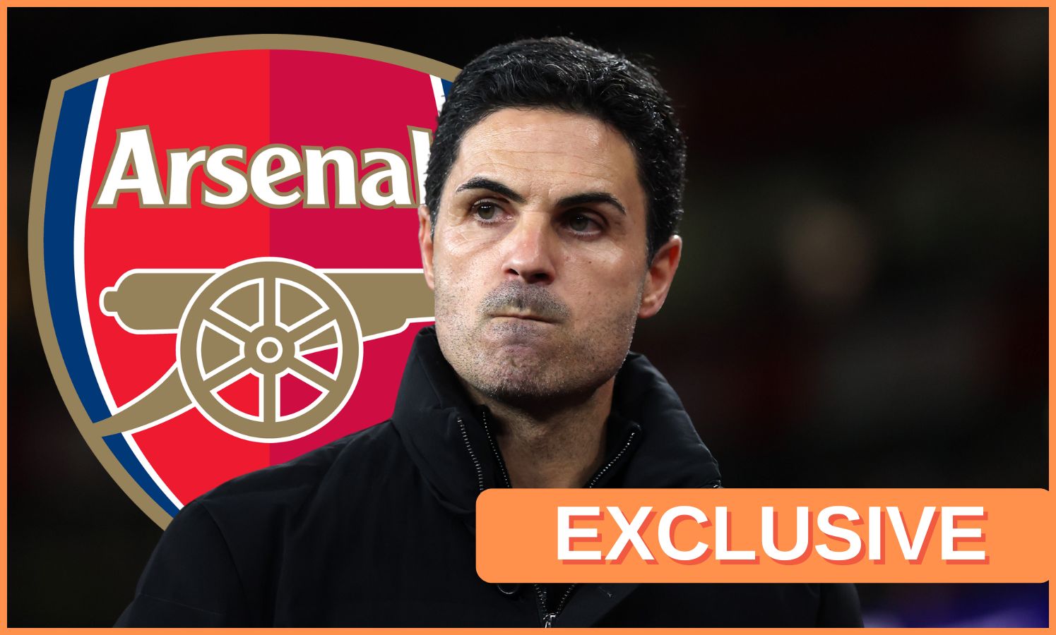 Arsenal manager Mikel Arteta and 'exclusive' banner