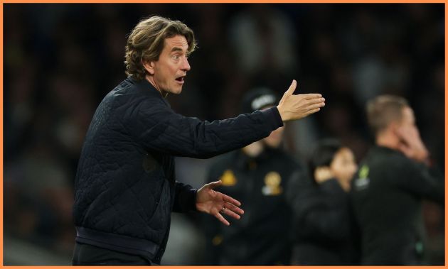 Tottenham manager Thomas Frank gestures during the Wolves game
