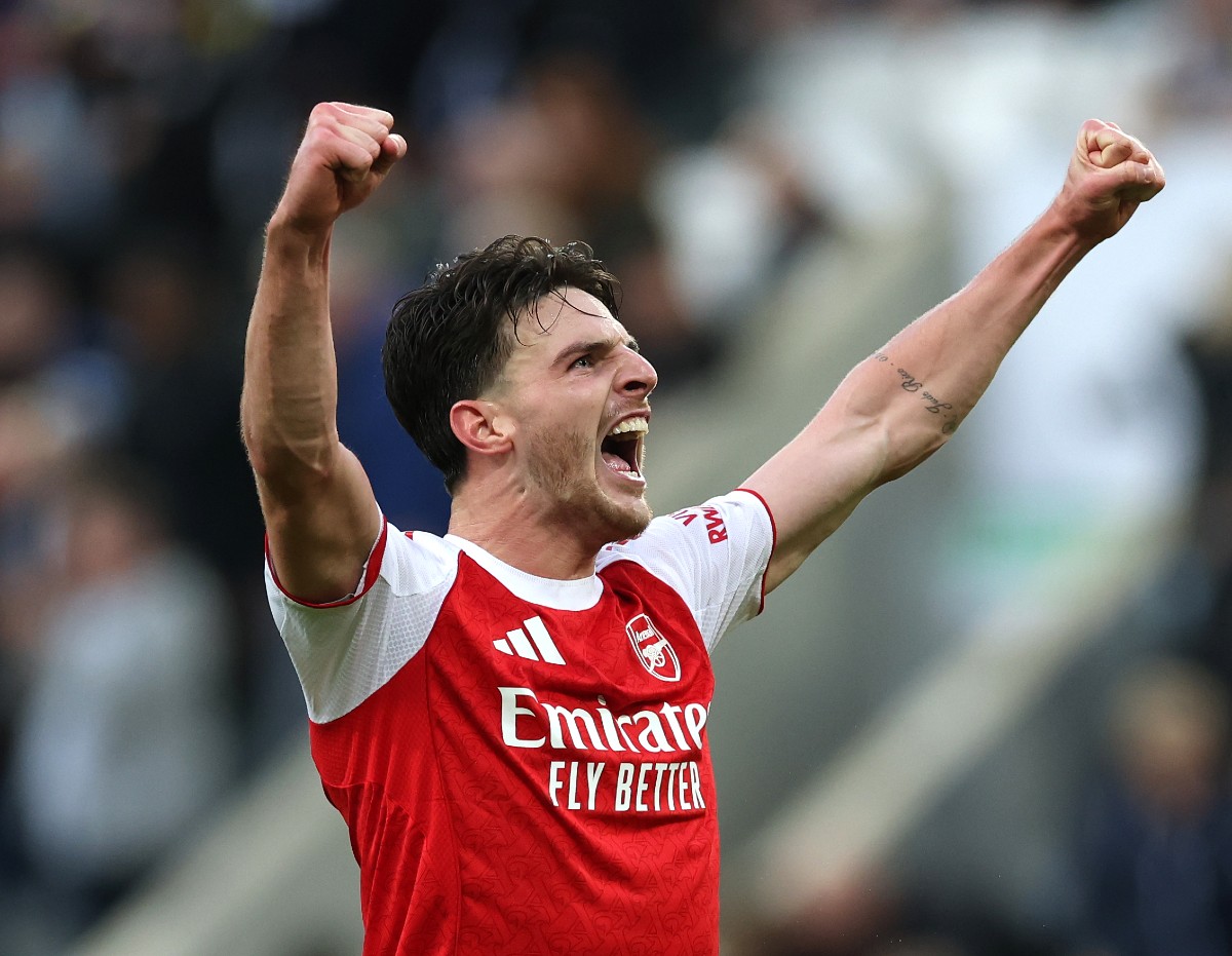 Declan Rice celebrates during Arsenal's win at Newcastle