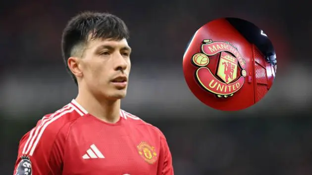 Lisandro Martinez in action for Manchester United with overlay of Manchester United badge