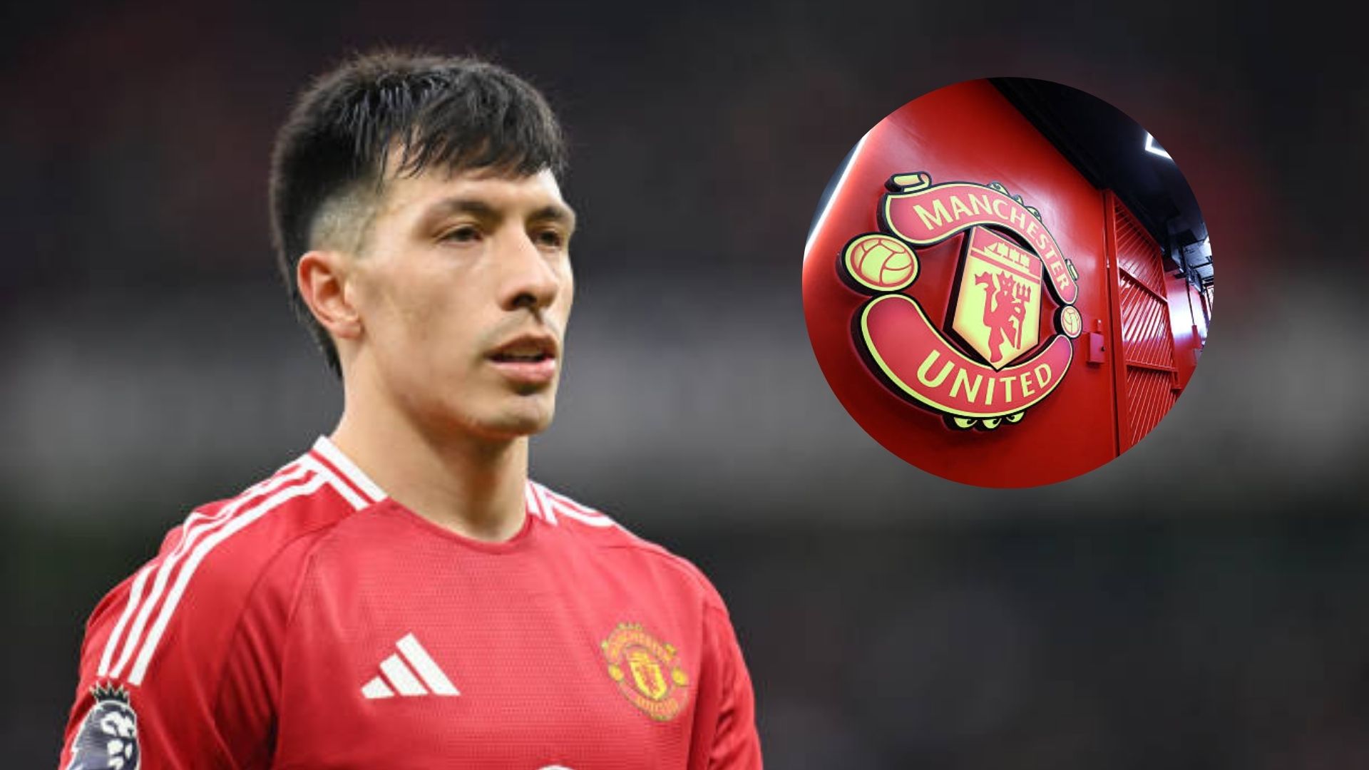 Lisandro Martinez in action for Manchester United with overlay of Manchester United badge