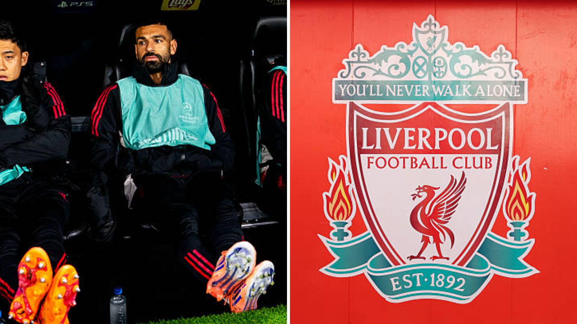 Split image of Mohamed Salah on Liverpool bench and Liverpool badge