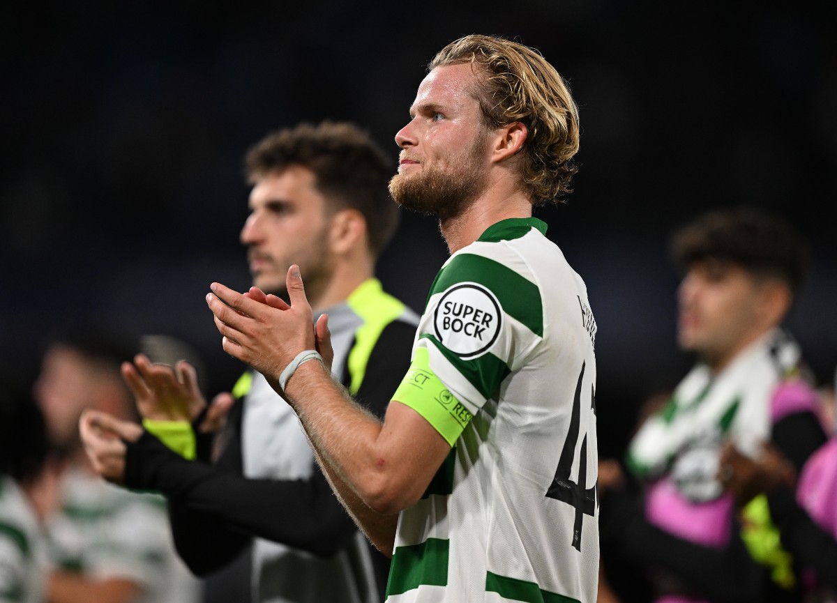 Morten Hjulmand applauds the Sporting Lisbon fans