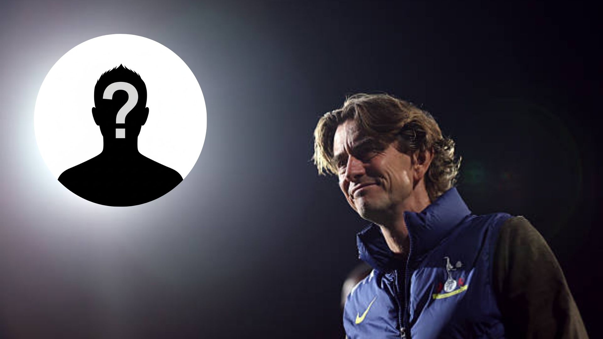 Tottenham manager Thomas Frank with overlay of mystery player
