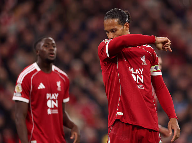 Dejected Virgil van Dijk against Manchester United