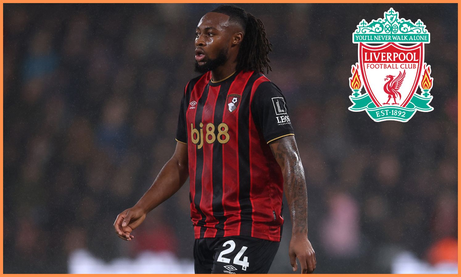 Bournemouth's Antoine Semenyo with overlay of Liverpool badge