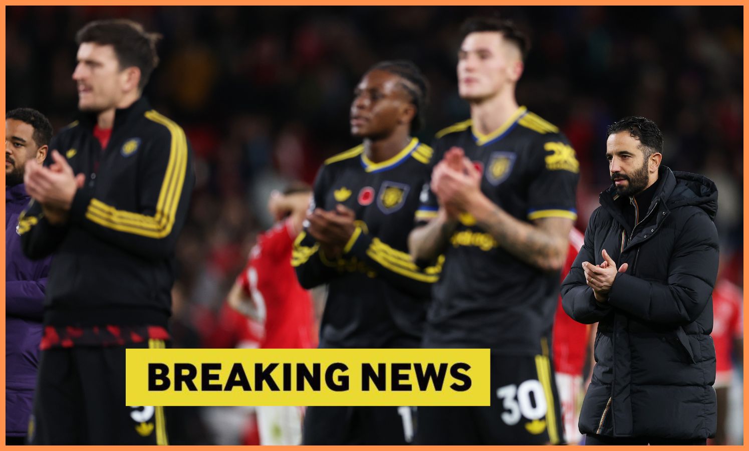 Ruben Amorim and Man United's players acknowledge the fans after the draw vs Nottingham Forest