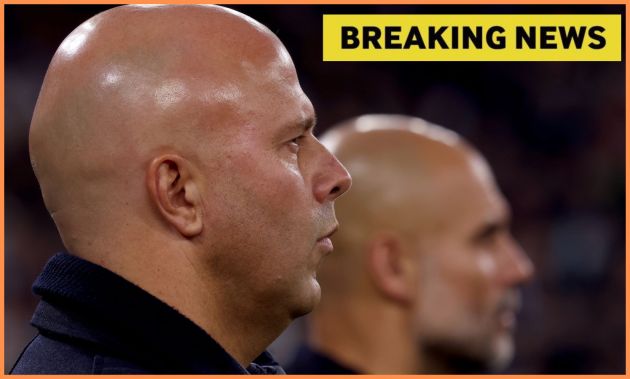 Arne Slot and Pep Guardiola look on, plus 'breaking news' banner