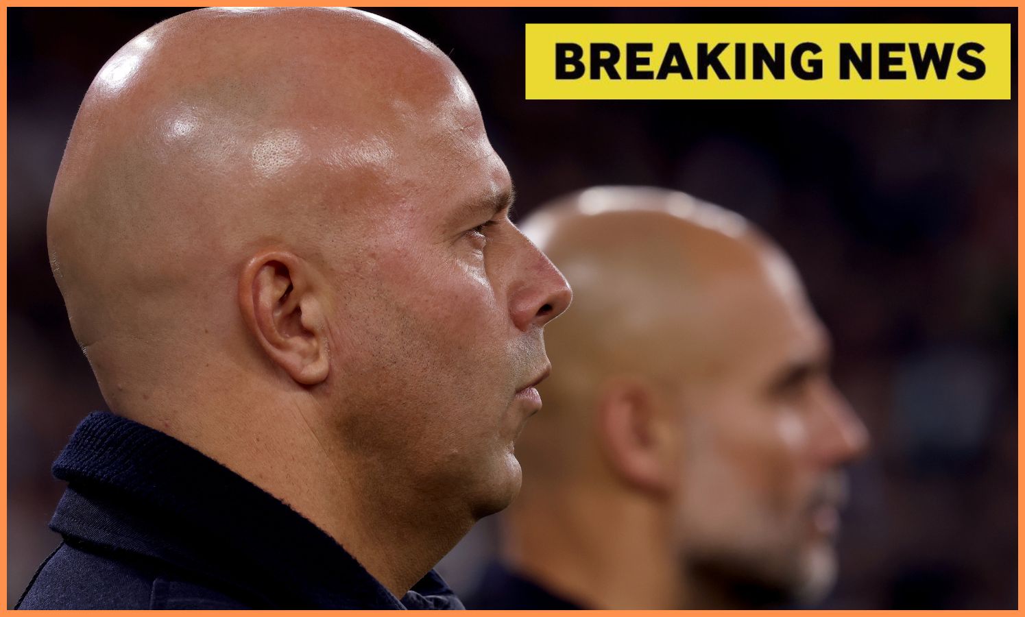 Arne Slot and Pep Guardiola look on, plus 'breaking news' banner