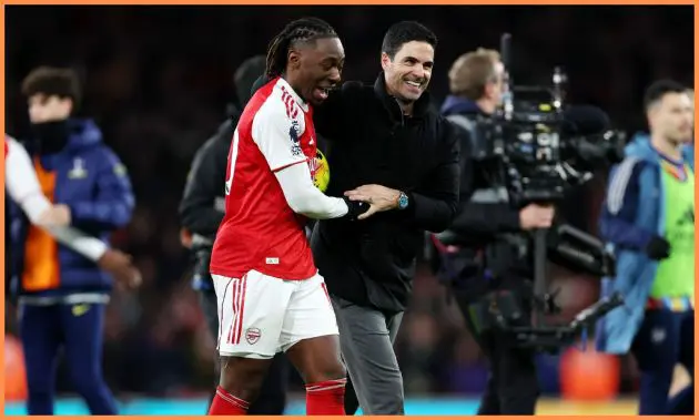 Mikel Arteta celebrates with Eberechi Eze after Arsenal's 4-1 win vs Tottenham