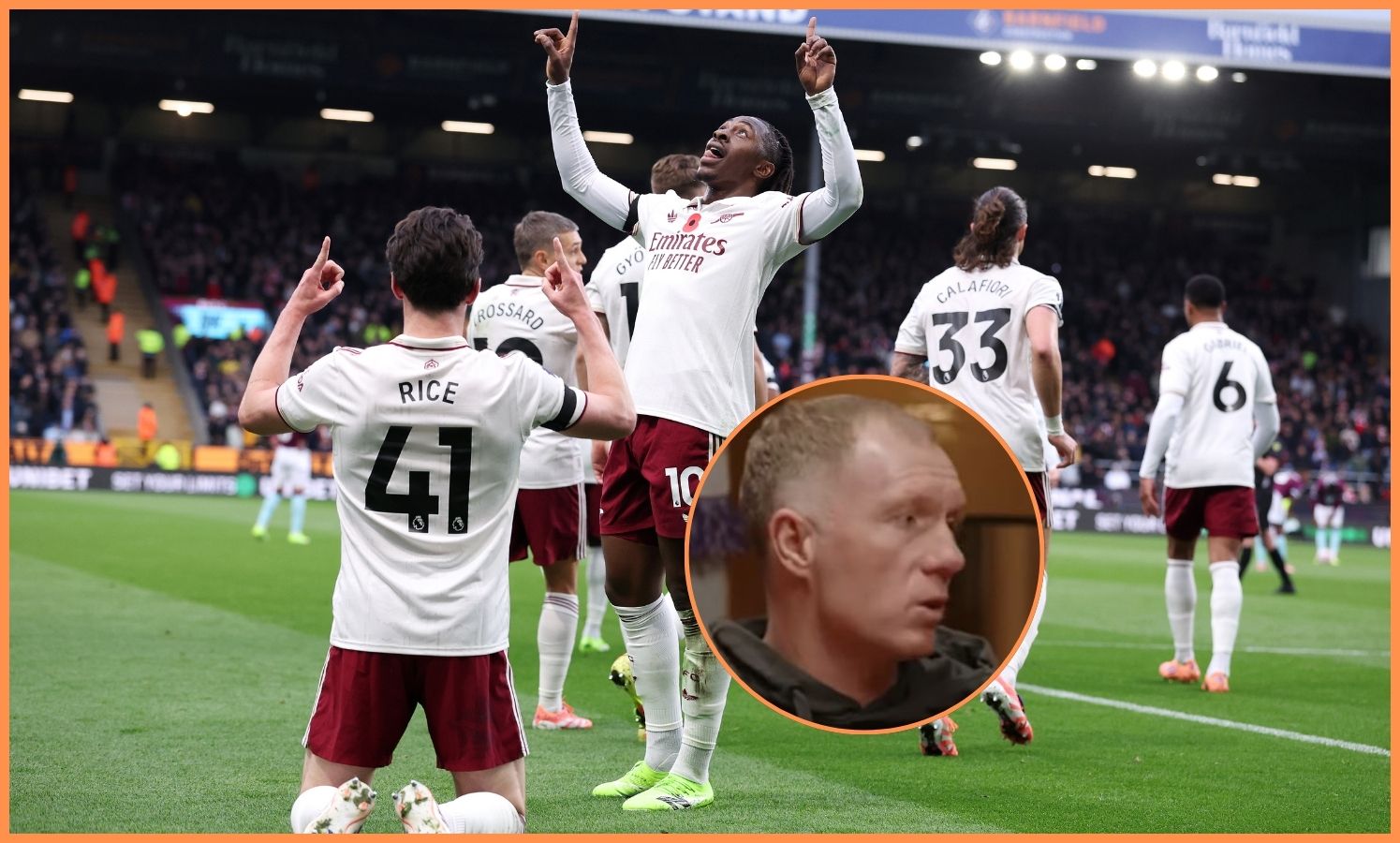 Eberechi Eze celebrates with Declan Rice in Arsenal's win vs Burnley