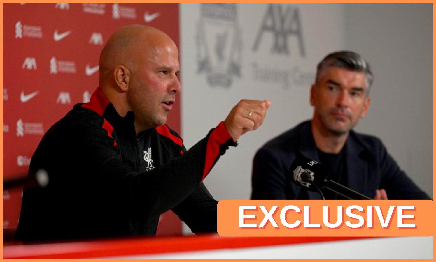 Arne Slot and Richard Hughes at a Liverpool press conference