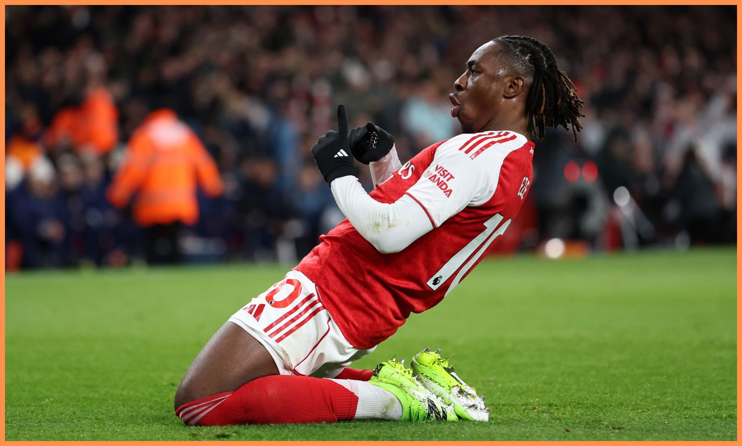 Eberechi Eze celebrates a goal for Arsenal