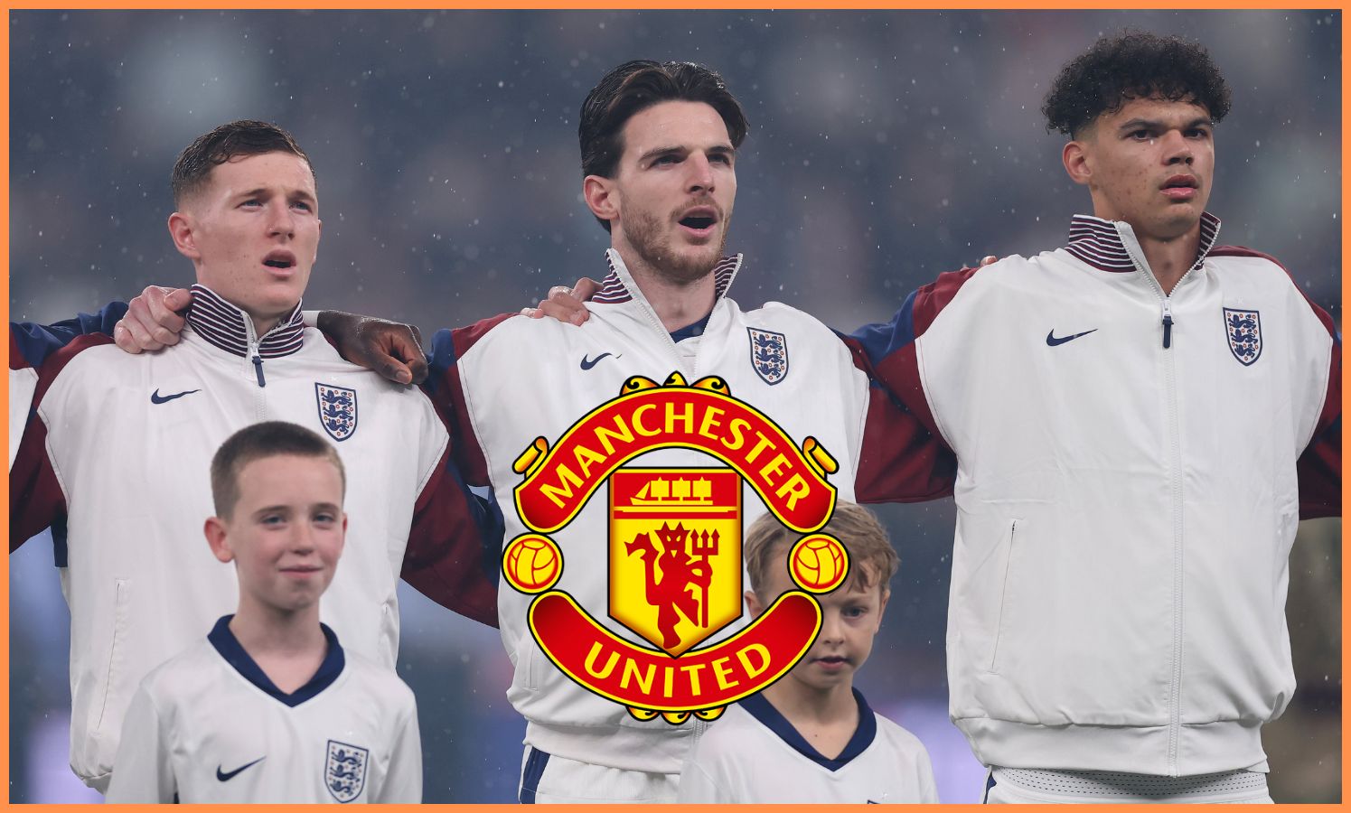 Elliot Anderson, Declan Rice, and Nico O'Reilly lining up for England