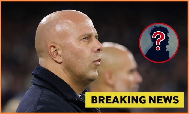 Arne Slot and yellow 'breaking news' banner