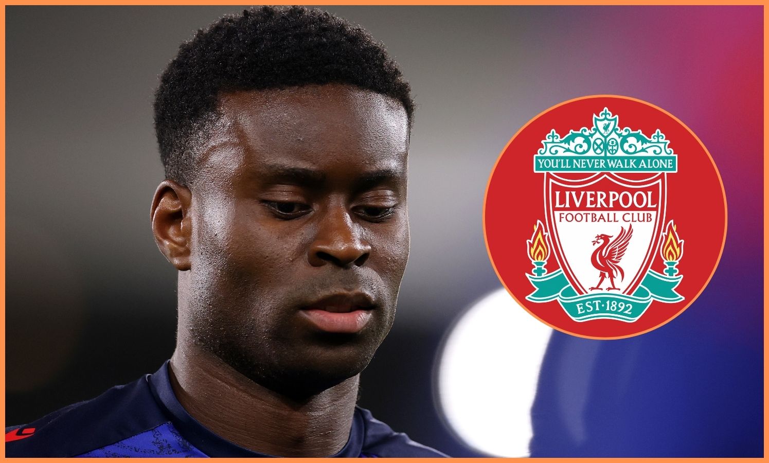 Marc Guehi of Crystal Palace and the Liverpool FC logo
