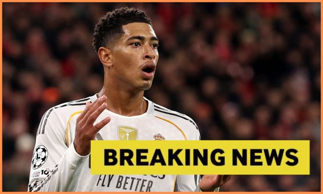 Jude Bellingham of Real Madrid, plus 'breaking news' banner