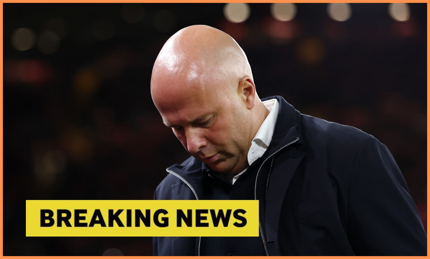 Arne Slot and yellow 'breaking news' banner