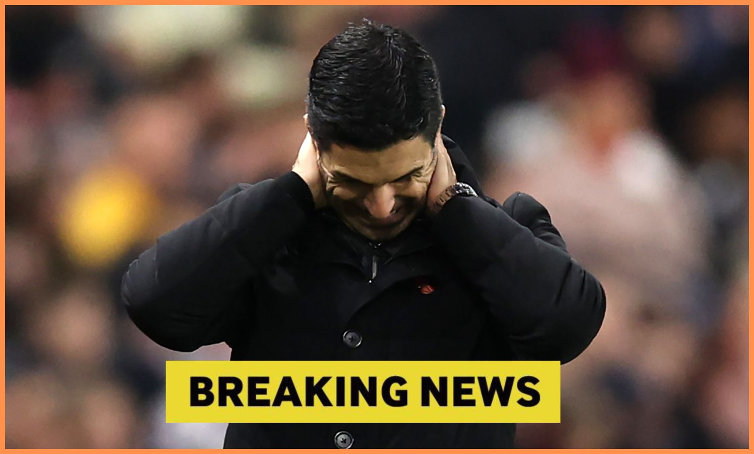 Mikel Arteta and 'breaking news' banner
